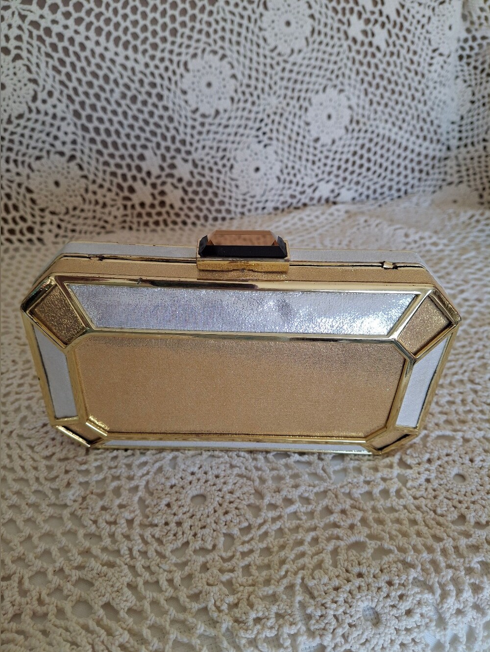 Kate Landry Geometric Gold And Silver Lamé Clutch With Rhinestone Clasp